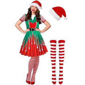 6233 3 Pcs Christmas Elf Costume Set Womens Short Sleeve